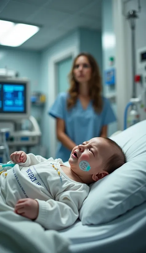 Jesus at the hospital bedside of a seriously ill baby in a modern ICU. The baby, who is connected to life support equipment, including oxygen tubes, IV fluids and monitors. A woman cries in the background, clearly shaken in the background of the photo, loo...