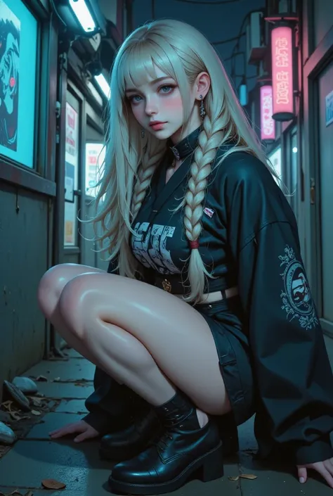 darkness,  neon lights, long shot:1.4,  Full body ,  Anatomically correct ,  hyper realistic :1.5, , 8K, photorealistic ,  cinematic lighting , hyper detailed, arte digital, beautiful girl ,  detailed face with large and expressive eyes ,  long eyelashes a...