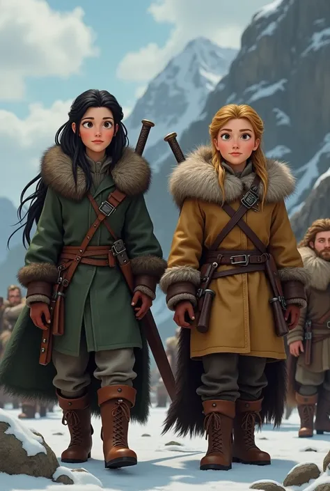 Fili and Kili and Thorin from the movie The Hobbit as female dwarves wearing heavy fur coats, boots, and sword gear while traveling cross country. One with black hair, the other has blonde hair. Thorin has black hair with noticeable gray strands throughout...