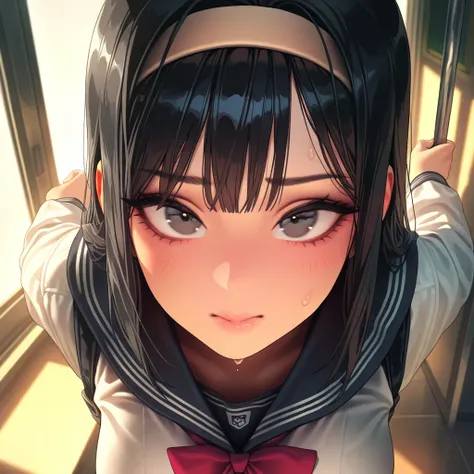 masterpiece, best quality, amazing quality, 1girl, breasts, solo, school uniform, popular girl, korean, gal, black hair, hairband, bangs held back by hairband, calm, dismissive , looking at viewer