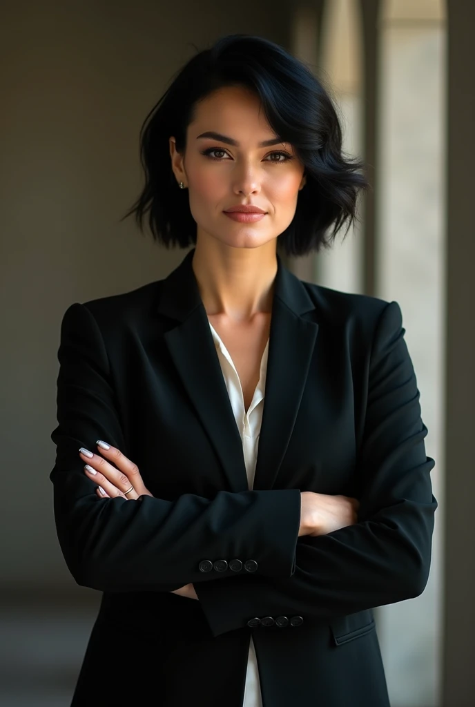 Left image ; 
 Create for me an image of a woman with crossed arms looking colder and arrogant personality with short black hair without much makeup that looks more mature there for her 35 years or more clothes more serious Like a suit more realistic image...