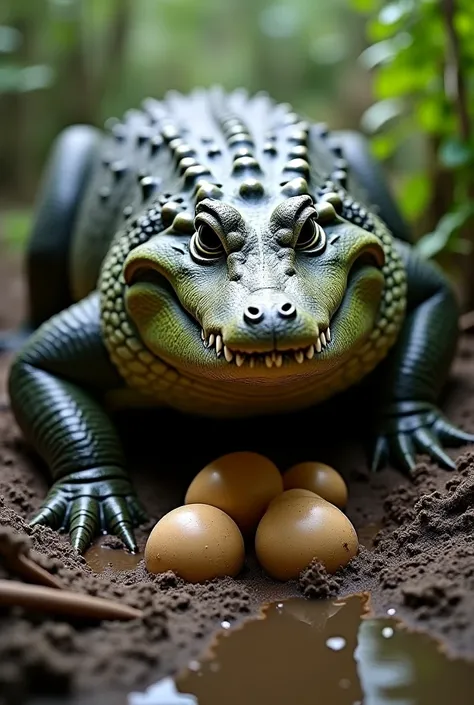 The crocodile is protecting its eggs