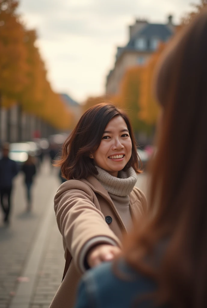 a close up of a person holding a person's hand, asian girl , smiling, lob hair styles, short hair, natural tpose, high walls, cute:2, couple, beautiful  , looking far, autumn, Paris as background, shot on Sony Alpha 7 a6400, 8K high details