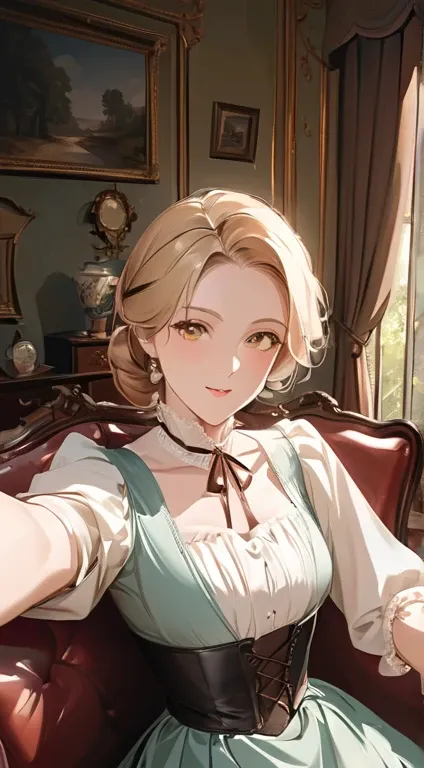  portrait of a 48-year-old blond French woman from 1940, period dress, Genuine Leather, Sitting taking a selfie like a smartphone, (living room with period furniture , soft and moody light: 1.2)