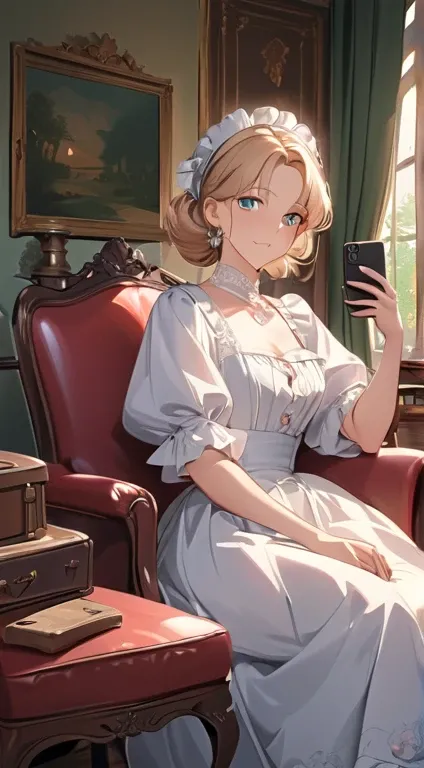  portrait of a 48-year-old blond French woman from 1940, period dress, Genuine Leather, Sitting taking a selfie like a smartphone, (living room with period furniture , soft and moody light: 1.2)