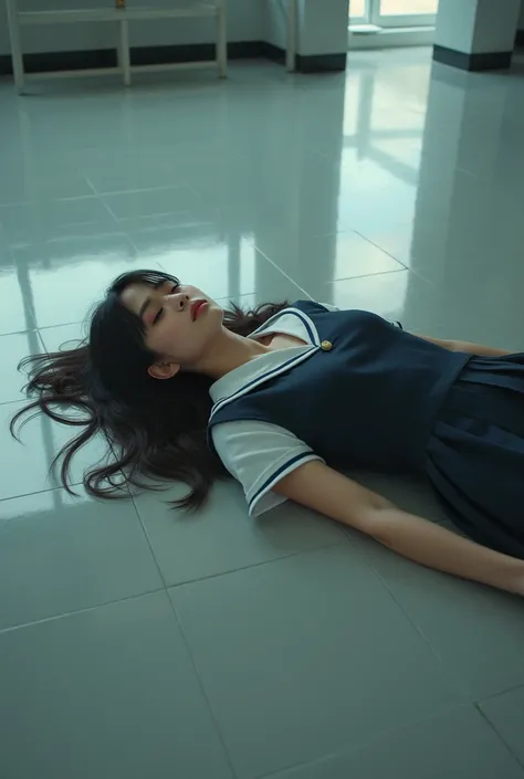 A realistic pretty woman is sleeping sideways on the tile floor in shoes, school uniform.