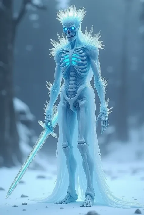  skinny zombie made of icy bones and ice magic wearing an ice crown and a sword in his hand, white walker style ,  full length