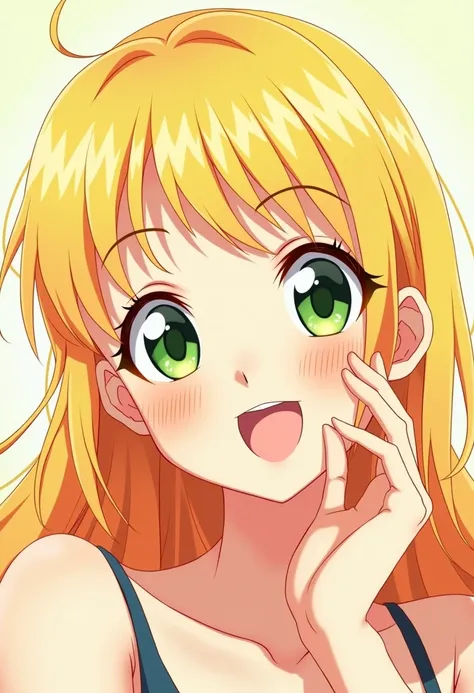 Blonde with green eyes in almond shape with a wedge smile in manga mode 