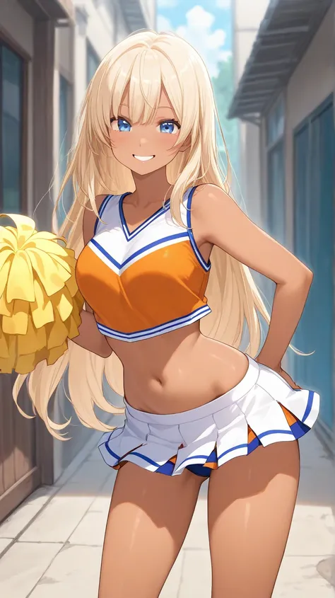 Smiling cheerful suntanned cheerleader highschool student with very long down loose blonde hair down to her hips and blue eyes in a school yard on a hot sunny summer day