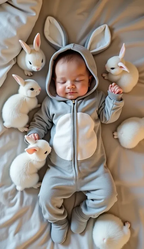 " An ultra-realistic image of a baby Up to two years old ,  lying on his back in a soft bed ,  captured from above to full body .  The baby is wearing super cute bunny pajamas ,  with a hood with bunny ears and soft details in shades of gray and white .  H...