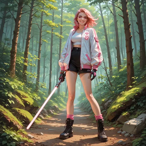 score_9,score_8_up,score_7_up, photo, masterpiece, 1girl, solo, An android girl stands in a forest holding a katana made of light, ((light saber)), she has pink hair, perfect eyes, pink eyes, seductive smile, she is wearing a white bomber jacket, (her jack...