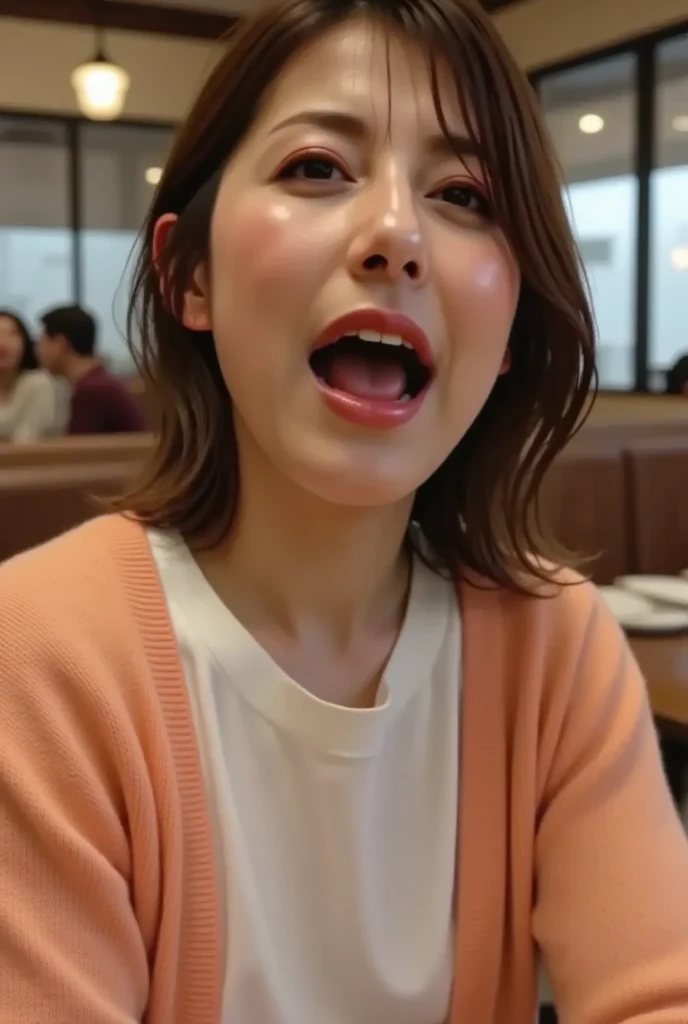     beautiful brown-haired woman    ,  sitting at a restaurant table     ,   I'm wearing a blue sweater over a white shirt。    mature woman house     。 , ((     an orgasm that makes me bend my head and scream )) ,   close-up      , (    8K ultra HD   :0.8)...