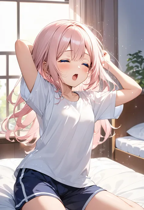 ｛Wake up｝, sleeping,Stretching,Yawning ,feel sleepy,sit,Bangs, on the bed, Loose fit White T-shirt ,shorts,indoor, small breasts ,curvy, Shiny hair, light particles ,｛Elementary school students｝ ,light pink hair, 1 girl, solo, fine hair ,transparent hair, ...