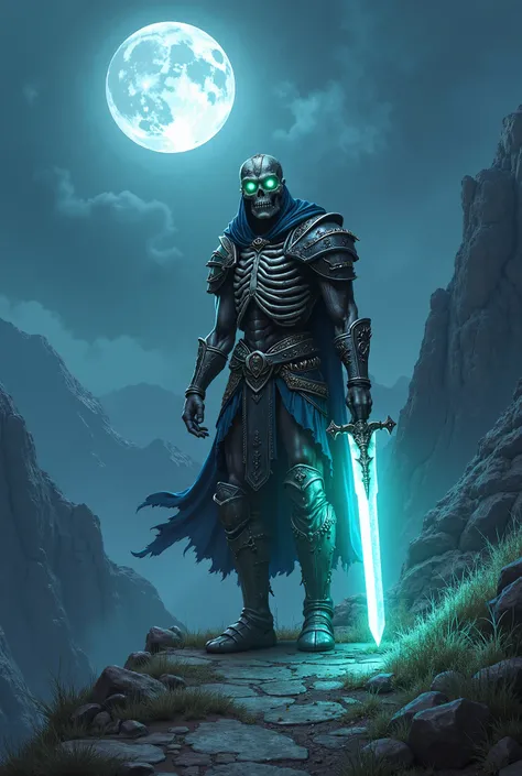 A high definition, amazing detailed portrait of a real life scene from the World of Warcraft, an undead warrior otherwise know as skeleton warrior, is on a mountain path as the moon lights up the erie scene, he is holding a large glowing sword, he wears on...