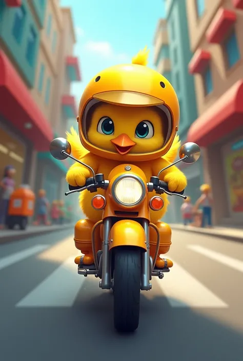 Create an image of a yellow chick on a motorbike, With helmet, Let him be like a delivery man 