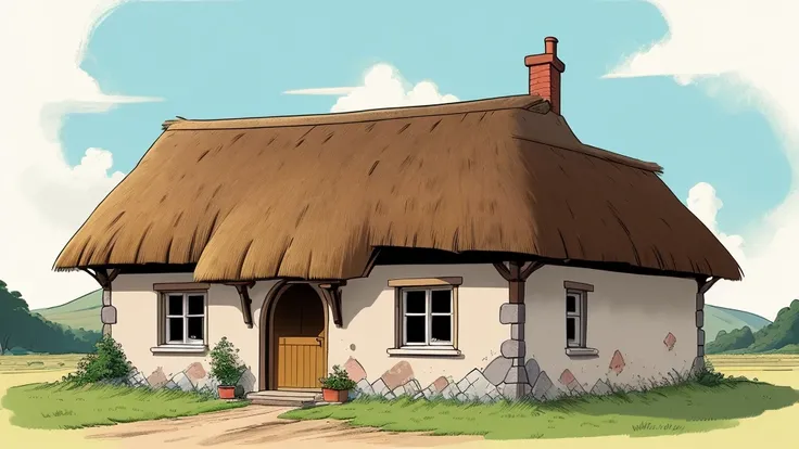 Generate an older, ruined cottage in rural, 1900s-era Ireland in the Irish countryside, old house,rustic stone cottage with a thatched roof.  rough, irregular stones..while the doorway remains open, cartoon style, illustration, muted color, 
Central perspe...