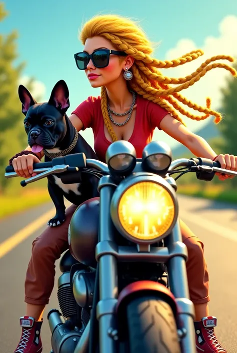 A blonde dreadlocks girl with sunglasses riding a motorcycle pours a black French bulldog as a copilot on the road