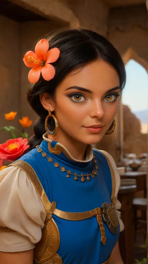 a realistic girl with a flower in her hair, wearing an old tunic, promotional movie still, latinas, hasanabi, verbena, brave, blue outfit, justin bieber, hazel amber eyes, arab princess, bongos, pocahontas, matlab, villager, defence, krystal, aladdin