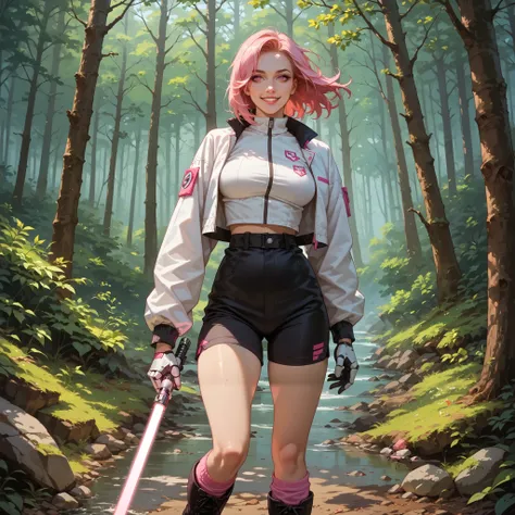 score_9,score_8_up,score_7_up, photo, masterpiece, 1girl, solo, An android girl stands in a forest holding a katana made of light, ((light saber)), she has pink hair, perfect eyes, pink eyes, seductive smile, she is wearing a white bomber jacket, (her jack...