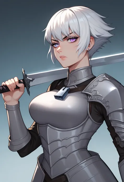 Make this anime-style character,  an adult woman with pale and cold skin ,  short blond hair and a lock of white hair .  heavy gray silver armor ,  holding a cursed sword with the color purple and runes.  the tone of the image is dark and cold ,  icy . cor...