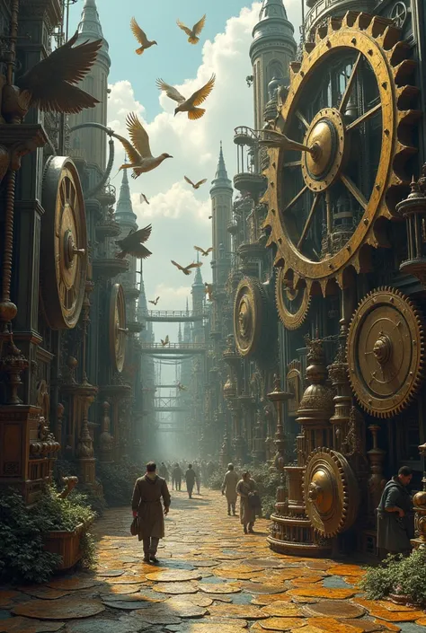 An intricate world where everything is part of a massive clockwork system. Giant gears and cogs turn slowlyin the background and mechanical birds fly throught the air, their wings beating with rhythmic precision. The sky is filled with clock faces and the ...