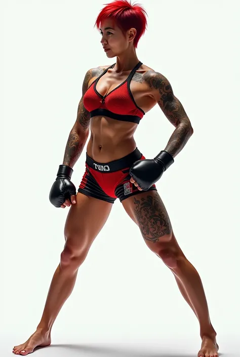 ((Masterpiece, High Quality, 8K, UHD, Ultra Realistic, Sharp Focus, Vivid colors, 8k, cinematic lighting)), Female Muay Boran fighter. Full body portrait of a muscular Muay Thai woman, ((the both arm, hand and the both leg of the body full of tattoo)), per...