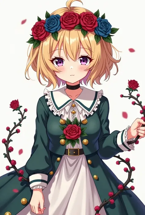 Generate an image of anime girl sports a short blonde and wavy hairdo that spikes up at the ends her attire has a strong rose motif, with her clothing being adorned by dark blue-magenta roses around her head with vines and leaves; even wearing a blue-magen...