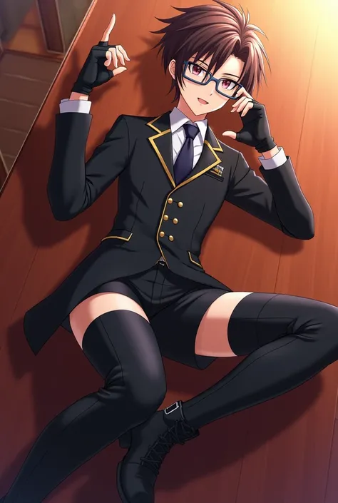 Handsome male anime guy, eye glasses, fingerless gloves, thigh-high boots, smiling, legs spreading, lying down on a dinner table 