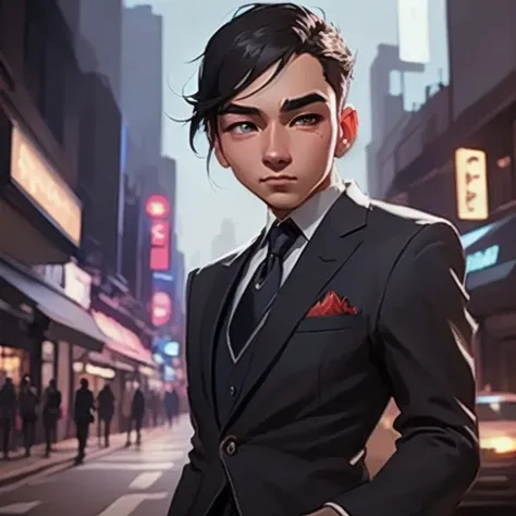  A close up of a person in a suit and tie on a city street., Ross Tran style,  in the style of Ross Tran , Ross Tran and Bayard Wu, inspired by Ross Tran, Ross Tran 8 K, Ross Tran and Ilya Kuvshinov , loish and Ross Tran, Wojtek FUS, Rossdraws global light...