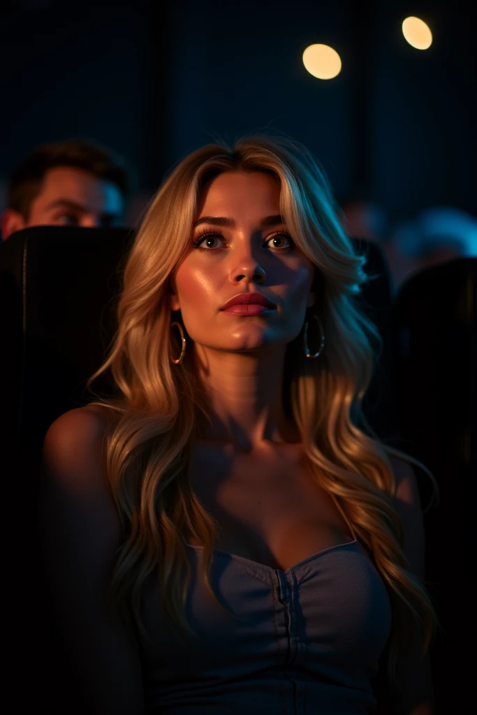 "Create a cinematic scene of a beautiful, elegant woman with long blonde hair and fair skin, sitting in a dimly lit movie theater. She is engrossed in the film, her eyes reflecting the flickering light from the screen. Her expression is a mix of curiosity ...