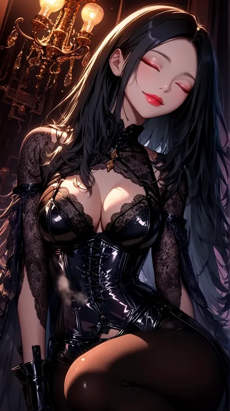  1 Mature Seductive Woman  ,(masterpiece:1.3,  top quality :1.3,   very detailed depiction :1.3,  Amazing High Definition :1.3, High Quality Animated Illustration ),( Queen with long straight black hair ),(   black lingerie,  corset,, black tights,  High H...