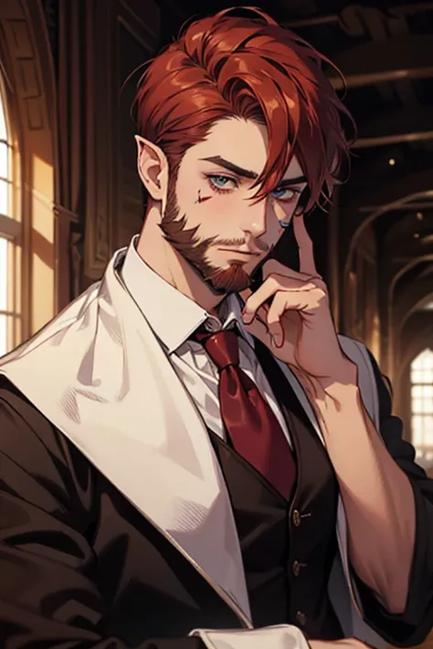 elf, adult, maduro, Hazel eyes,  reddish hair , lilac leather, with beard, handsome,  men's tie, scar on your cheek , warrior, muscle