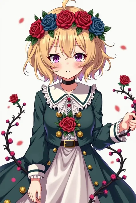 Generate an image of anime girl sports a short blonde and wavy hairdo that spikes up at the ends her attire has a strong rose motif, with her clothing being adorned by dark blue-magenta roses around her head with vines and leaves; even wearing a blue-magen...