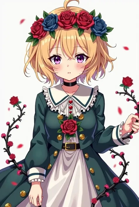 Generate an image of anime girl sports a short blonde and wavy hairdo that spikes up at the ends her attire has a strong rose motif, with her clothing being adorned by dark blue-magenta roses around her head with vines and leaves; even wearing a blue-magen...