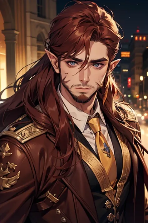 elf, adult, maduro, Hazel eyes,  reddish hair , lilac leather, with beard, handsome,  men's tie, scar on your cheek , warrior, muscle, long hair