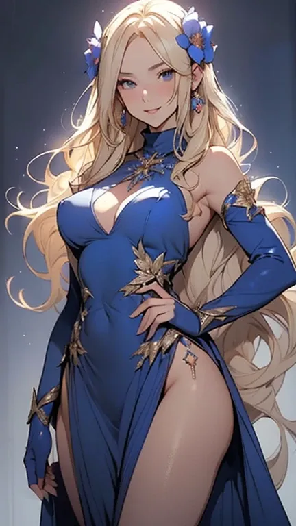   Double Wet Blonde Long Hair Girl   、  Face Smiling 、 shy、(  pornographic woman  、courtesan、  Bad woman)、(  Size Very Large )、(   Blue Turtleneck Evening Dress Embellished with Sequins)、(    Blue Flower Jewelry    )、   hips wide   、Short waist、  Thigh、(  ...