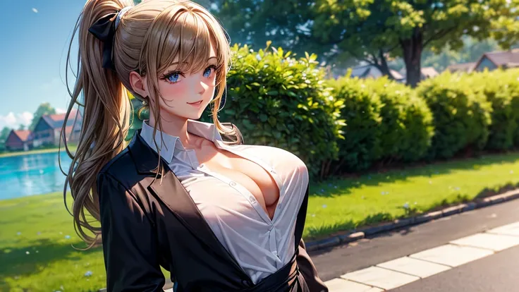 1girl, ((mature girl)), summer, trees, house, fantasy landscape, water, light brown hair, ponytail, large full breasts, dark blue eyes, ((black blazer)), ((white silk shirt)), ((unbuttoned shirt)), ((unbuttoning shirt)), (cleavage), black skirt, smile, loo...