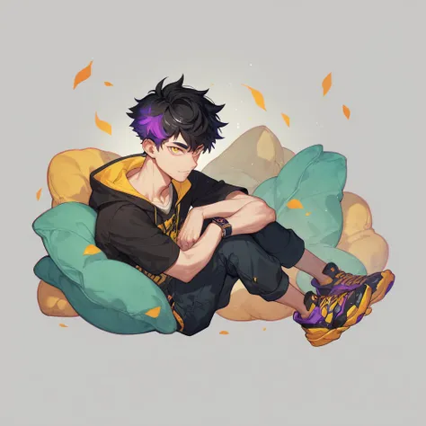 Anime boy with thin black hair, yellow sharp eyes, emotionless and cold personality. Has one purple highlight, full body,Solo, High Resolution, 