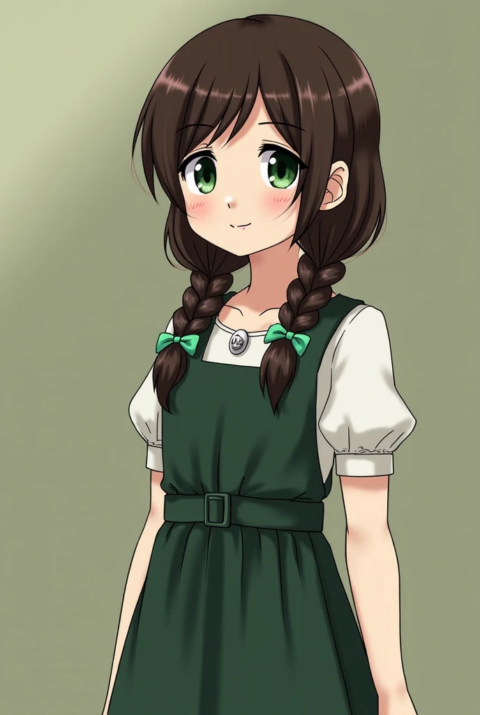 Generate an image of anime girl e: Adelheid is a petite girl with a cascade of thick, dark brown hair often braided with ribbons the color of forest moss. Her eyes are a striking shade of emerald green, framed by long, dark lashes.  Her skin is pale, almos...