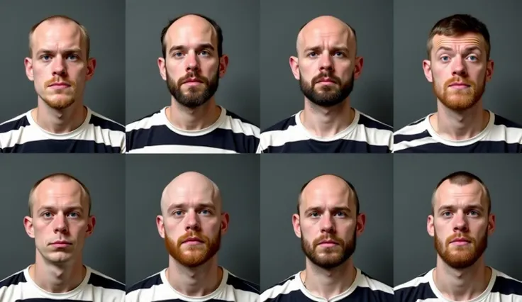 UHD, 8K, grid of 8 mugshots of very different convicts, very very different male faces, all aged around 18, all in tshirts with widev horizontal black and white prisonstripes, all bald, most unshaved or with a short beard, very dark and plain grey backgrou...