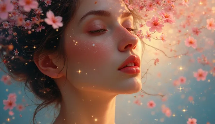 artistic digital painting of a serene woman with gentle eyes and closed lips, surrounded by swirling mathematical patterns forming F(x) = x² cos(x) + sin(x) log(x) + e^(-x²) * cos(x) visualized through delicate floating cherry blossoms and luminous stars, ...