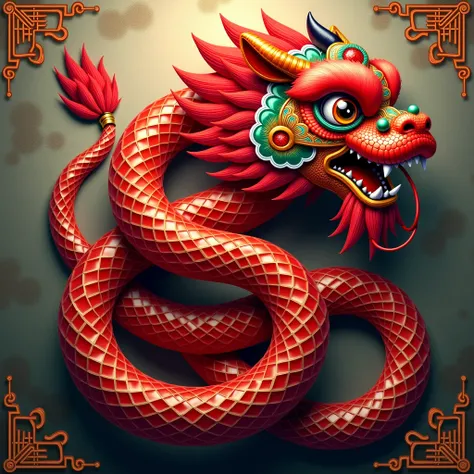 Red snake with traditional Chinese lion dance head