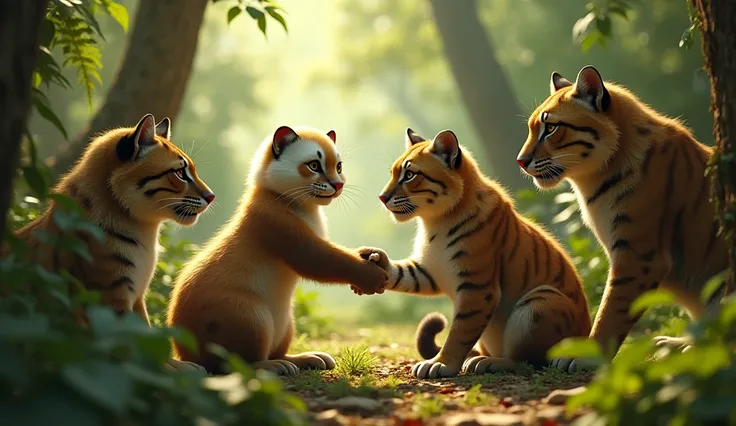 Draw in the lush forest , some rather large ferret , apologize, shaking hands with some rather big cats realistic 8k