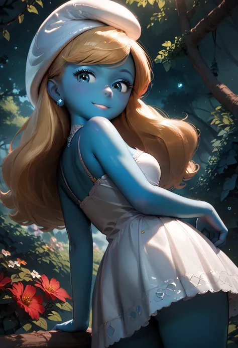 (1girl, smurfetteOC:1), cute, (hat, white dress:1.2), looking at viewer, (from below:1), (curvy), light smile, sexy,( colored skin, blue skin, blonde:1.2), (cartoon:1.2), smol,
(detailed landscape, forest, vegetation, big murshroom, particles:1), (cowboy s...