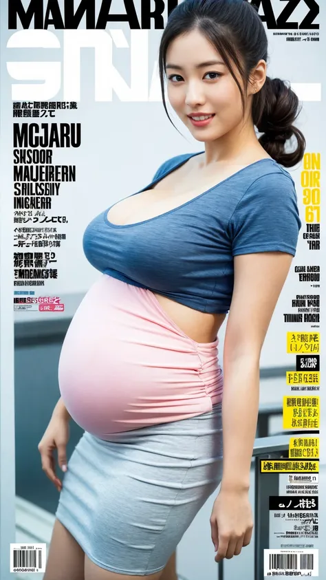 (Masterpiece,High Quality),(clear shots) ,  Japanese ,Woman, chignon hairstyles ,(huge breasts),(huge pregnant),(looking at the front), wallpaper, sweet smile, street racer, wearing T shirt and pencil skirt, standing beside a jdm gtr, magazine cover page, ...