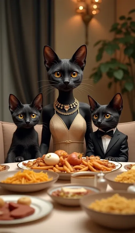 a family of anthropomorphic black-legged cats comprised of an adult female,  with a sculptural body and elegantly dressed with a long beige dress and lots of jewelry and two anthropomorphic black-haired cat puppies dressed elegantly too, one in an elegant ...