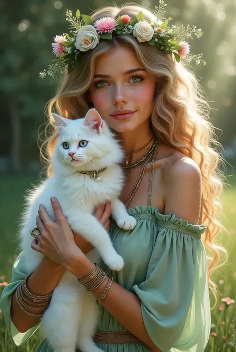 Create an image of a young woman with long, wavy hair wearing a delicate floral crown. She’s holding a fluffy white cat, which has striking blue eyes. The person is adorned with multiple necklaces and bracelets, adding a bohemian touch to her look. She’s w...