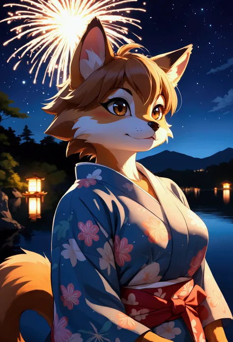 top quality, best quality, highres, masterpiece, super high resolution, detailed background, lake, nigh sky, firework, japanese yukata, absurdres, perfect anatomy, good lighting, cinematic shadow(1girl, kemono, furry anthro)assorted expressions, upper shot...