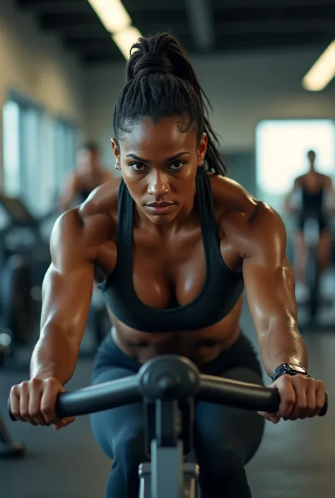 Black woman paddling low at the gym