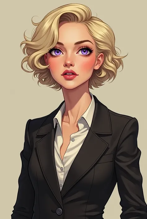 Character: a female with light blond hair,  short and wavy at the tips , Her eyes are violet ,  thin nose and pink mouth . high,  thin and has a very thin waist . The character is an action movie actress in the 1920s in London and wears various types of cl...